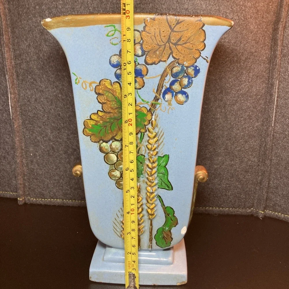 Vintage 1950 Hand Painted Blue Pottery Vase Floral Wheat Motif Mid Century Decor